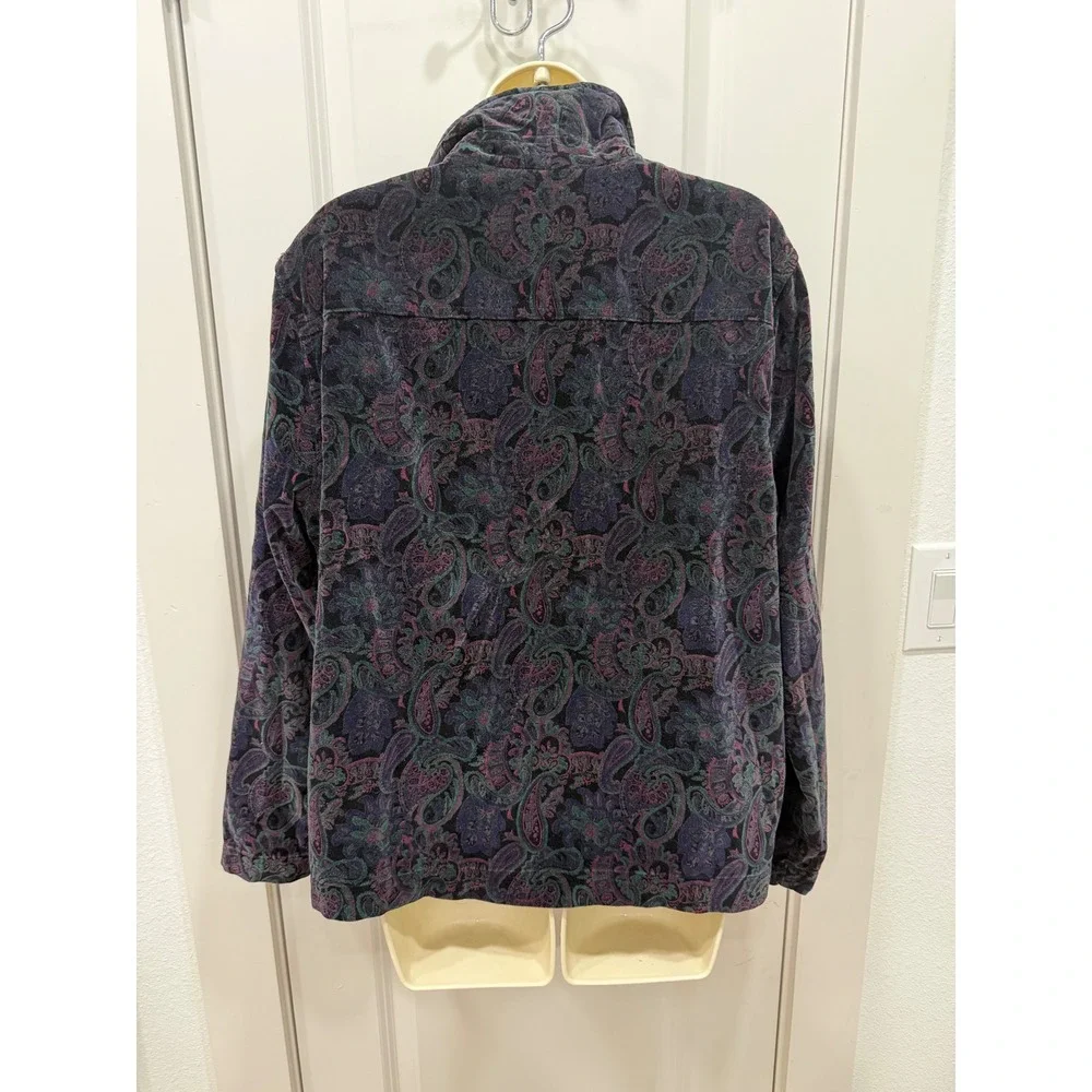 Vintage Paisley Velvet Jacket Women's Button Up Collar Blue Purple‎ Green M